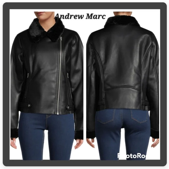 NWT Andrew Marc Black Faux Leather Faux Fur-Trim Moto Jacket XS - Picture 2 of 16